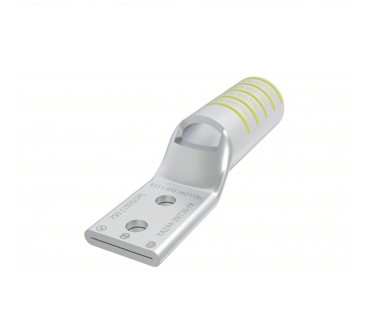 YAZ442NT38FX, Cu Compression, 2-Hole, 3/8" Stud, 1" Spacing, Long Barrel, Narrow Tongue, 750 kcmil G, H, 777 DLO