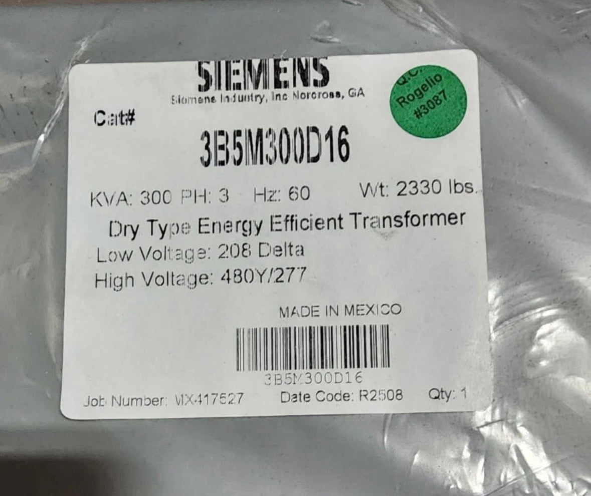 Siemens 300 KVA Transformer primary 208V secondar480Y/277V -3B5M300D16 - 3 Phase