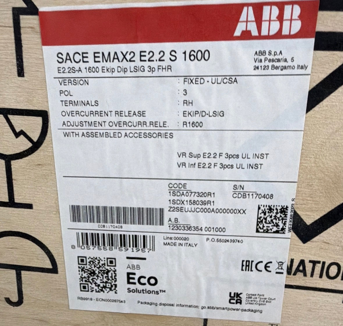 1SDA077320R1 ABB E2.2S-A 1600 Ekip Dip LSIG 3p F HR